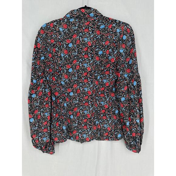 Free People Top XS Black Floral Ruffle Red Blue Boho Cottage Long Sleeve Button - Picture 3 of 9